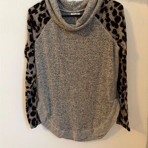 Maurices Gray Cowl Neck Sweater with Leopard Print Sleeves